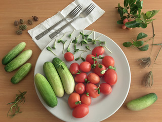 Cucumbers, tomatoes on plate, vegetarian food decotated sunflower sprouts