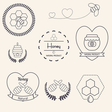 Honey and bees vector badges and labels