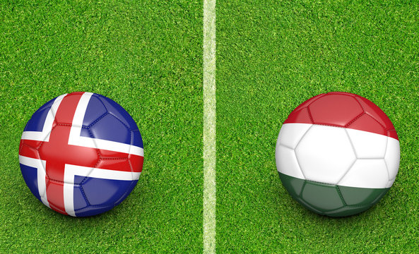 Team balls for Iceland vs Hungary football tournament match, 3D rendering