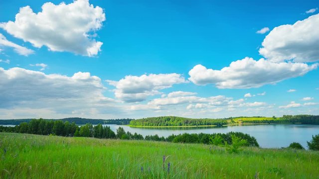 Summer landscape with a lake, panoramic timelapse