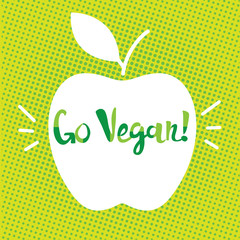 Go vegan poster. Pop art background. Apple silhouette on the pop art background. Vector illustration
