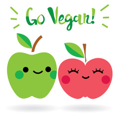 Go vegan poster. Two flirting apple characters. Apple boy and apple girl characters. Vector illustration
