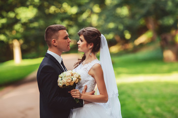 Happy bride and groom on their wedding day