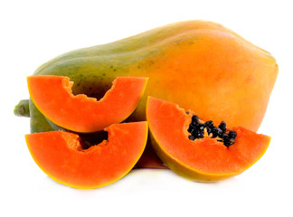 Papaya slices on white background