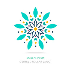 Mandala logo.Simple geometric logo. Juicy circular logo. Logo for boutique, company logo, mark, emblem, element. Vector Illustration