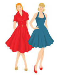 Vector illustration of pretty girls in elegant blue and red dress. Fifties style of clothes