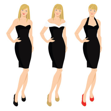Vector illustration of elegant women in various model of little black dress. Blonde girl with different hairstyles