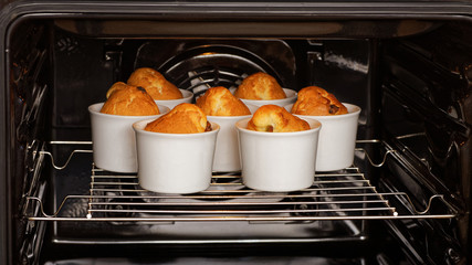 Homemade cupcakes in white ceramic mold in the oven