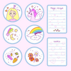 Set of stickers with cute cartoon characters and magical items.