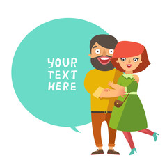 Happy fashion young Couple In Love smiling and embracing. Vector Man and woman couple in flat design and bubble for text