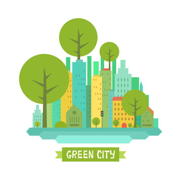 Summer city landscape: buildings, offices, blocks of flats, trees, skyscrapers, traffic lights, sun, sky, clouds. Background for site, game or logo concept. Vector flat colorful illustration