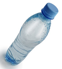 Plastic bottle with water on a white background with a shadow.