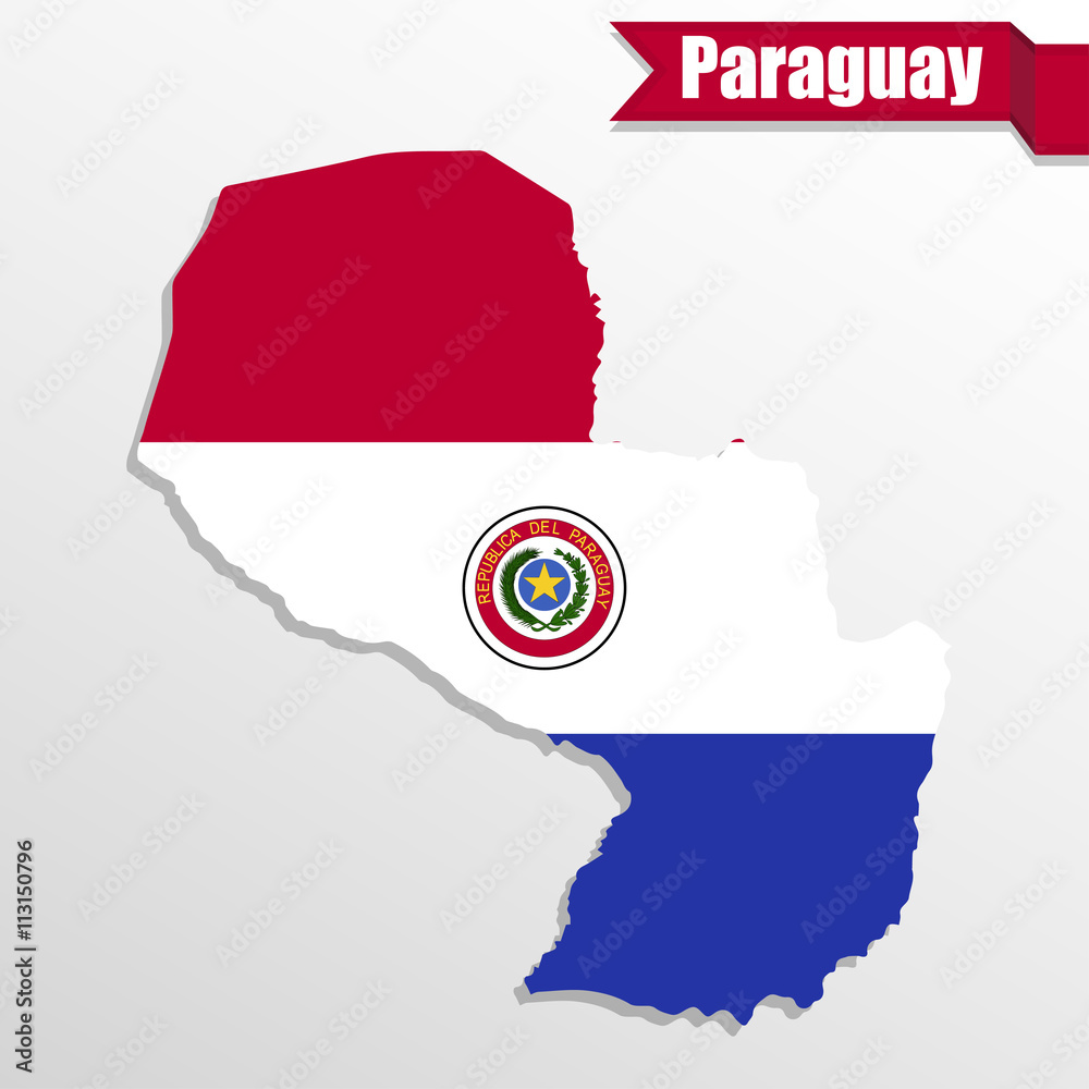 Poster paraguay map with flag inside and ribbon
