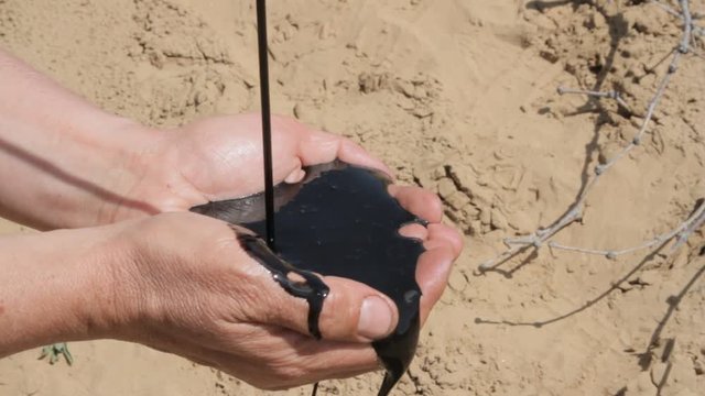 In hands of the worker of the oil company crude oil flows