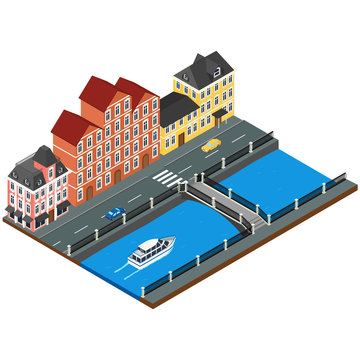 vector illustration. City street with buildings of old architecture, river embankment, bridge, road, cars. isometric, 3D, infographics