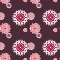 Seamless hand drawn mandala pattern. Vintage decorative elements. Violet color background. Islam, Arabic, Indian, turkish,ottoman motifs. Perfect for printing on fabric or paper. Vector illustration.