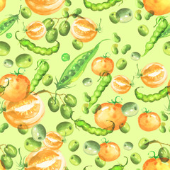      Watercolor seamless pattern. Olives, slices, twigs, peas, beans, berries, vegetables on a white background 