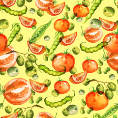       Watercolor seamless pattern. Olives, slices, twigs, peas, beans, berries, vegetables on a white background 