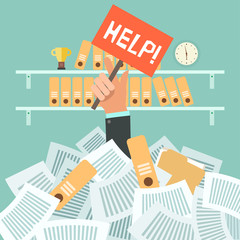 Overworked businessman under a lot of documents and holding a HELP placard on office background with shelves full of binders. A lot of work concept. Vector colorful illustration in flat design.