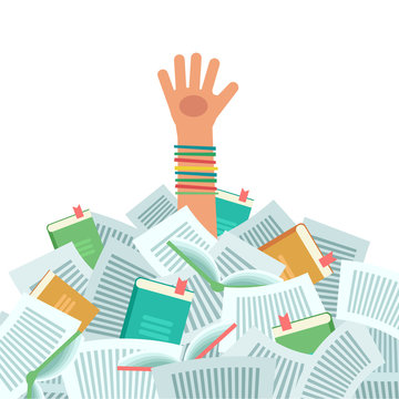 Pile of books and Overwhelmed student. Too much study. Student's hand drowning in books. Education concept. Vector colorful illustration isolated on white