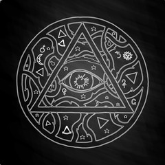 All seeing eye pyramid symbol in tattoo design on chalkboard