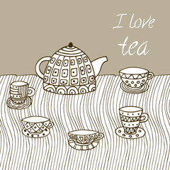 Teapot and cups and saucers on the table, there is a free space in zentangle style, hand-painted