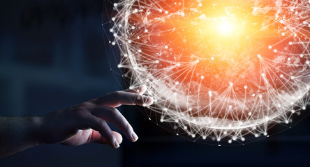 Businessman using digital tactile world interface with his finge