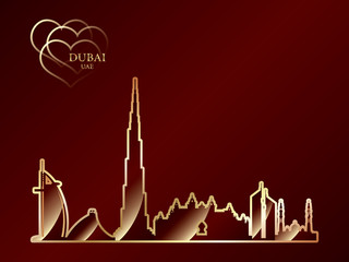 Gold silhouette of Dubai on red background