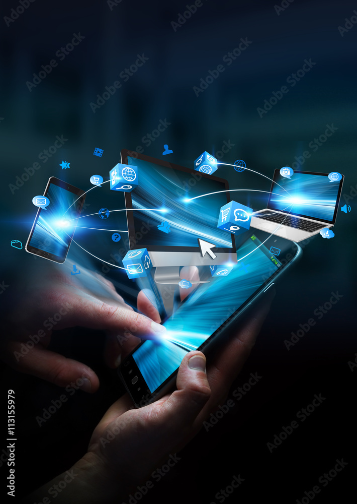 Canvas Prints businesswoman connected tech devices and icons applications with