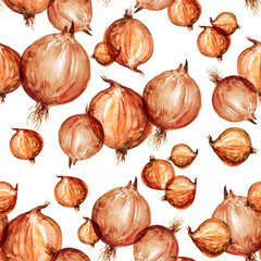 
Watercolor pattern, vegetables, onion white background. Use for design, packaging, labels and other