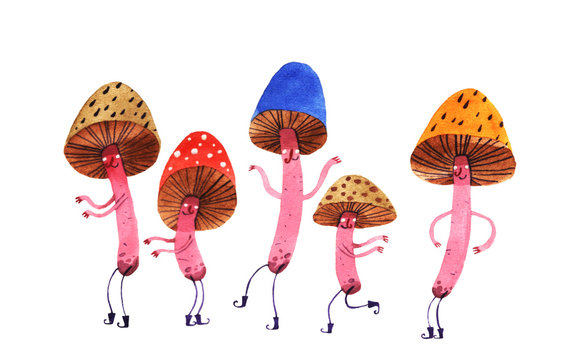 watercolor mushrooms dance