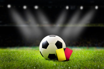Yellow card and Red card soccer field and stadium with fans the night light.