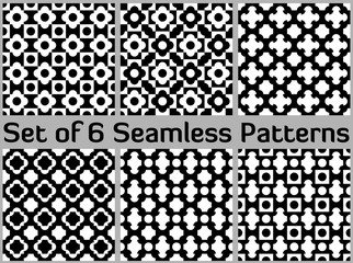 Set of 6 monochromic seamless patterns with various geometric shapes of white and black shades