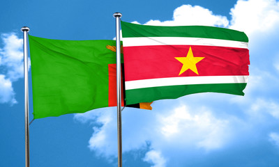 Zambia flag with Suriname flag, 3D rendering