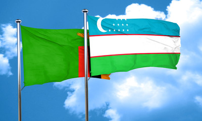 Zambia flag with Uzbekistan flag, 3D rendering