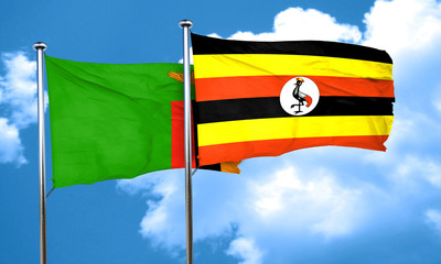 Zambia flag with Uganda flag, 3D rendering