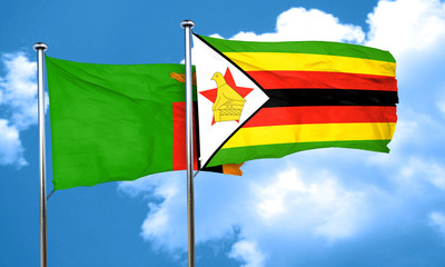 Zambia flag with Zimbabwe flag, 3D rendering