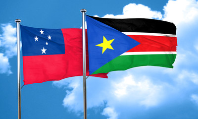 Samoa flag with South Sudan flag, 3D rendering