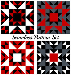 Set of 4 trendy geometric seamless patterns with triangles and squares of red, black, grey and white shades
