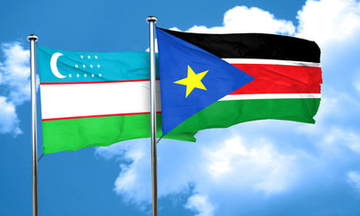 Uzbekistan flag with South Sudan flag, 3D rendering