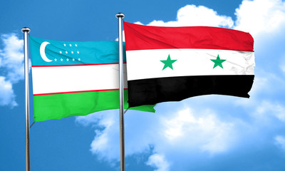 Uzbekistan flag with Syria flag, 3D rendering