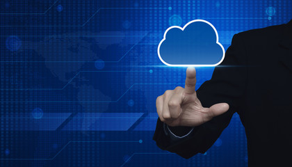 Businessman click on cloud icon with copy space over digital wor