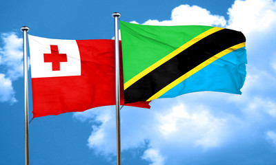 Tonga flag with Tanzania flag, 3D rendering