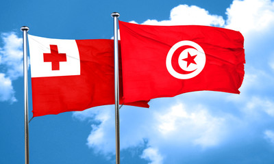 Tonga flag with Tunisia flag, 3D rendering