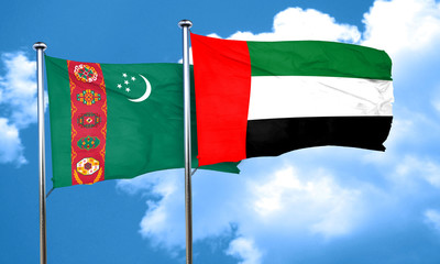 Turkmenistan flag with UAE flag, 3D rendering