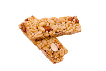 Dried fruit bars with honey on a white background seen from above