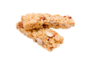 Dried fruit bars with honey on white background