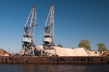 Huge industrial cranes working at the commercial dock, Russia, Kazan