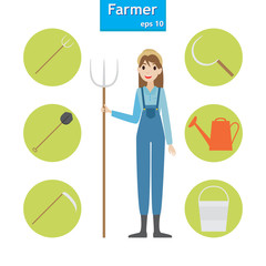 Woman farmer in the village. A set of farm elements. Vector illustration.