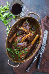 Slow Cooked Lammhaxen in Rotweinsauce